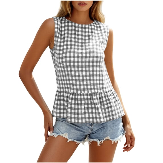 AKOEE Women's Plaid Tank Tops Button-up Back Sleeveless Crewneck Ruffle Hem Cute Summer Casual Blouses (XL, Gray)