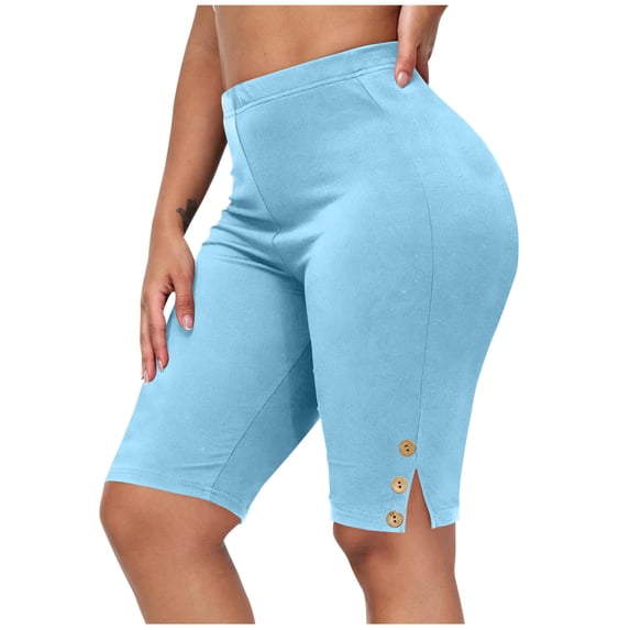 AKOEE Women's Plus Size Leggings Shorts with Side Buttons High Waist Stretchy Soft Workout Biker Yoga Shorts (L, Light Blue)
