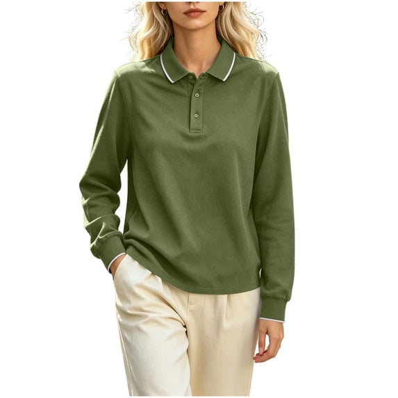 AKOEE Women's Polos Golf Tops Long Sleeve Business Casual Blouses Spring Fall Loose Button Collared Shirt (M, Army Green)