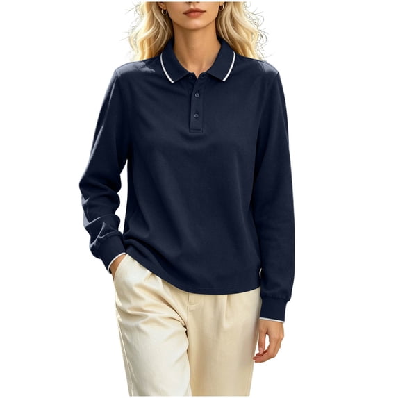 AKOEE Women's Polos Golf Tops Long Sleeve Business Casual Blouses Spring Fall Loose Button Collared Shirt (S, Navy)