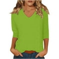 thumbnail image 1 of AKOEE Women's Polyester T Shirts 3/4 Length Sleeve Tops for Women Casual Spring Fall Summer V Neck Tees (L, Green), 1 of 6