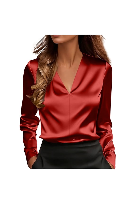 Women's Satin Shirts Dressy Long Sleeve Business Casual Blouse Soft V Neck Office Work Spring Fall Tops (L, Red)