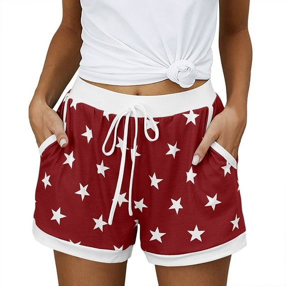 AKOEE Women's Shorts with Pockets Fashion Stars Print Drawstring Workout Sports Cotton Lounge Shorts Homewear (XL, Red)