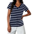 thumbnail image 1 of AKOEE Women's Striped T-Shirts V Neck Short Sleeve Soft Cotton Colorblock Tops Casual Summer Tshirts Basic Tees (M, Navy), 1 of 7