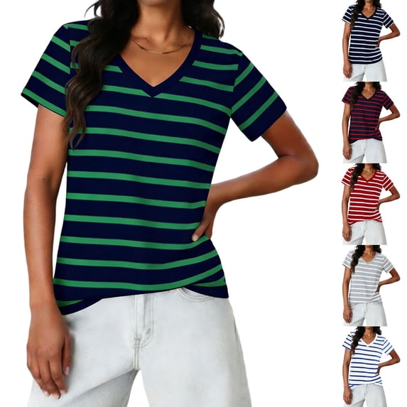 AKOEE Women's Striped T-Shirts V Neck Short Sleeve Soft Cotton Colorblock Tops Casual Summer Tshirts Basic Tees (XL, Green)