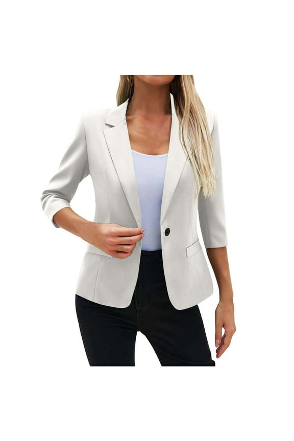Women's Suit Blazers 3/4 Sleeve Notch Lapel Neck Fitted Business Casual Jacket Coat Dressy Crop Blazer (L, White)