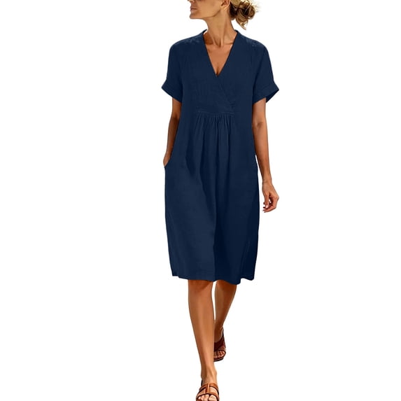 AKOEE Women's Summer Dress Cotton Linen Pleated V Neck Boho Beach Knee Length Short Dress with Pockets (L, Navy)