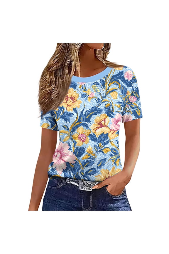 Women's T-shirts Graphic Printed Short Sleeve Crewneck Basic Tee Tshirts Casual Summer Tops, Sky Blue-Floral XL