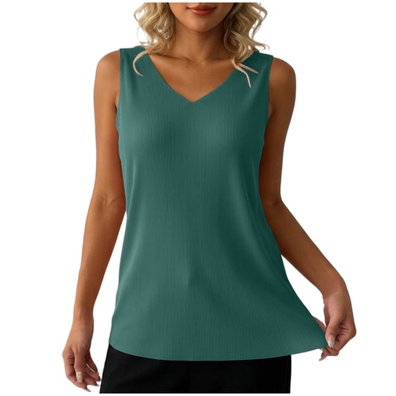 AKOEE Women's Tank Tops Plus Size Ribbed Knit V Neck Basic Tee Undershirt Soft Sleeveless Base Layer (XL, Green)