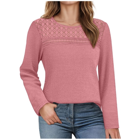 AKOEE Women's Waffle Knit Tops Hollow Out Lace Patchwork Crewneck T-Shirts Short/Long Sleeve Thin Base Sweater (2XL, Pink)