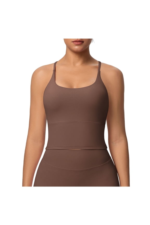 Women's Yoga Crop Tops Seamless Cross Back Thin Strap Stretch Longline Gym Workout Sports Bra (L, Coffee)