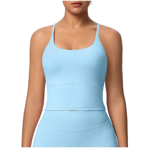 AKOEE Women's Yoga Crop Tops Seamless Cross Back Thin Strap Stretch Longline Gym Workout Sports Bra (XL, Sky Blue)