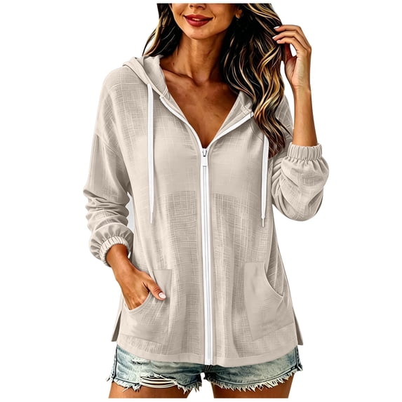 AKOEE Women's Zip Up Hoodie Sun Protection Jacket Lightweight Beach Cotton Linen Drawstring Hooded Sweatshirt, Beige S