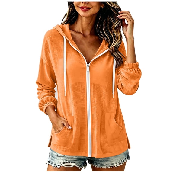 AKOEE Women's Zip Up Hoodie Sun Protection Jacket Lightweight Beach Cotton Linen Drawstring Hooded Sweatshirt, Orange M