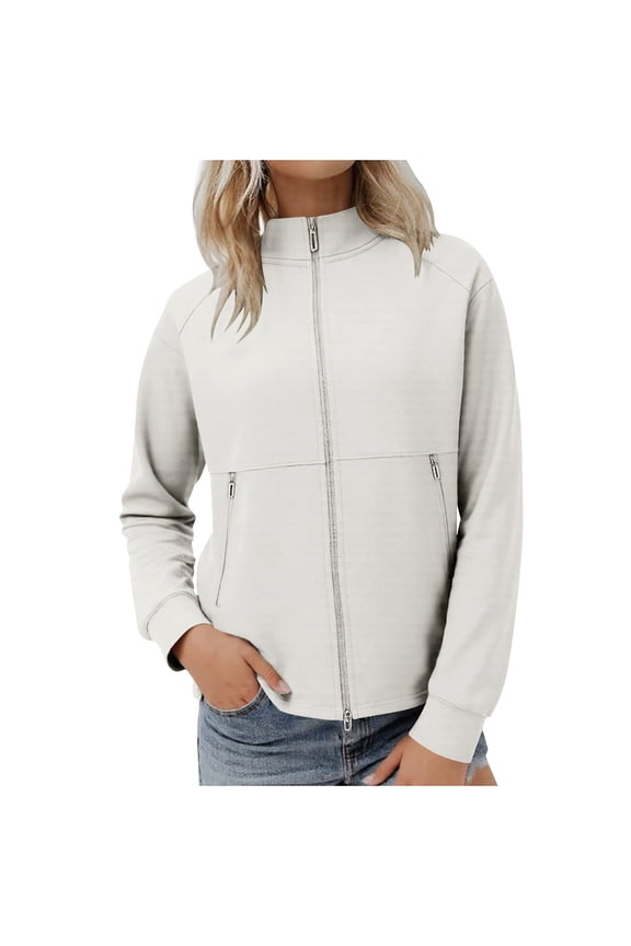 Women's Zipper Jackets No Hood Stand Collar Full Zip Sweater Coat Plus Size Cotton Fall Casual Outerwear (2XL, White)