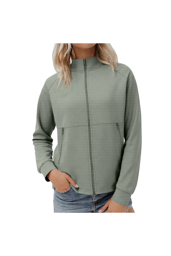 Women's Zipper Jackets No Hood Stand Collar Full Zip Sweater Coat Plus Size Cotton Fall Casual Outerwear (S, Green)