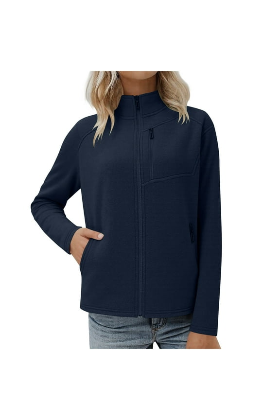 Women's Zipper Jackets No Hood Stand Collar Full Zip Sweater Coat Plus Size Cotton Fall Casual Outerwear (S, Navy 01)
