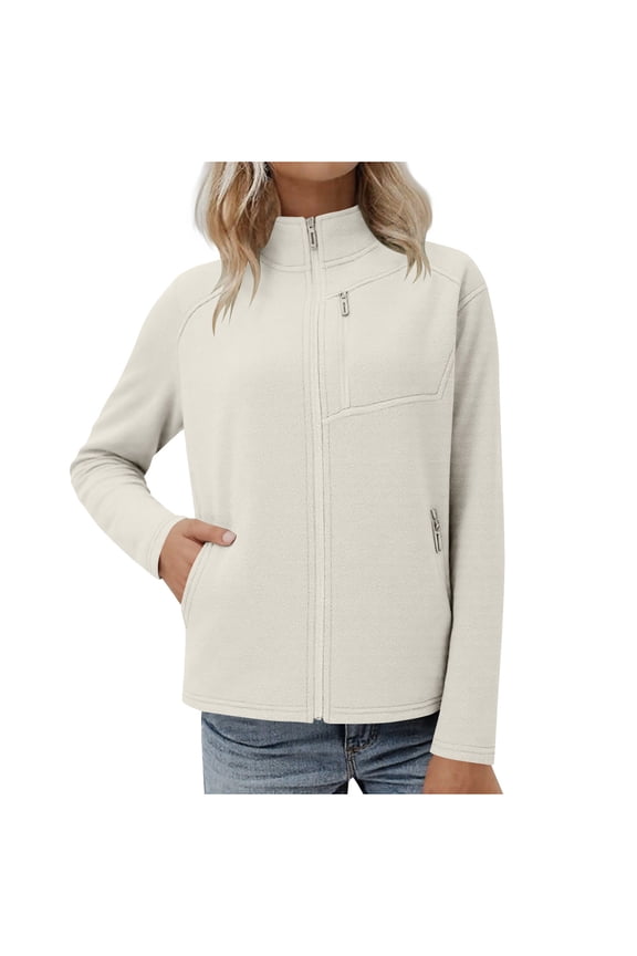 Women's Zipper Jackets No Hood Stand Collar Full Zip Sweater Coat Plus Size Cotton Fall Casual Outerwear (XL, White 01)