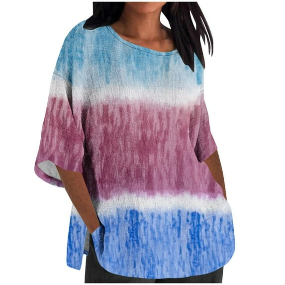 AKOEE Womens 3/4 Length Plus Size T Shirt Graphic Print Loose Crew Neck Tops Short Sleeve S-5X Casual Large Tees (X-Large, Multicolor 01)