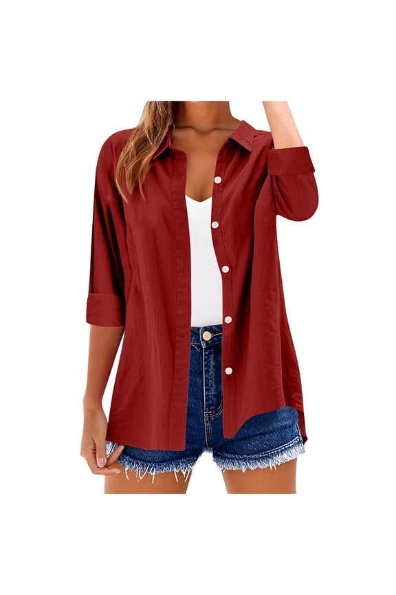 Womens 3/4 Sleeve Button Up Shirt Cardigans Cotton Linen Casual Collared Blouses Summer Fall Tops, Wine L