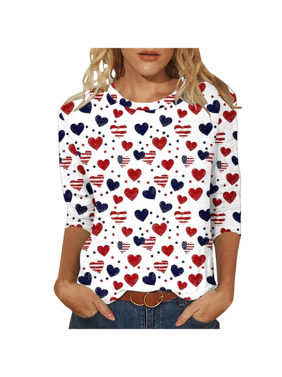 Womens 3/4 Sleeve Tops July 4th Shirts USA-Flag Stars Striped Print Patriotic T-shirts Summer Plus Size (2XL, Red 01)