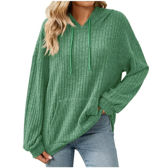 AKOEE Womens Baggy Hoodie Ribbed Knit Drawstring Plain Pullover Tops Casual Hooded Fall Sweatshirts with Pocket (L, Green)