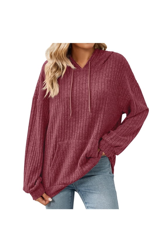 Womens Baggy Hoodie Ribbed Knit Drawstring Plain Pullover Tops Casual Hooded Fall Sweatshirts with Pocket (XL, Red)