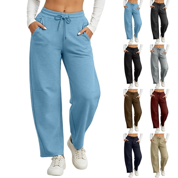 AKOEE Womens Barrel Sweatpants with Pockets Elastic Waist Drawstring Wide Leg Casual Jogging Trouser Pants (XL, Blue)