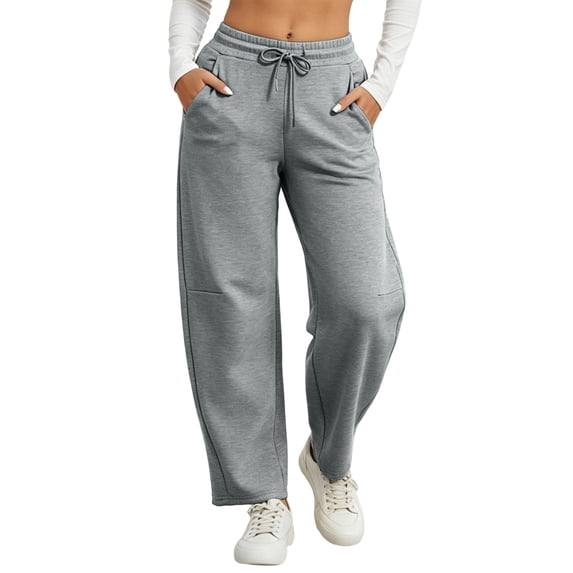 AKOEE Womens Barrel Sweatpants with Pockets Elastic Waist Drawstring Wide Leg Casual Jogging Trouser Pants (XL, Gray)