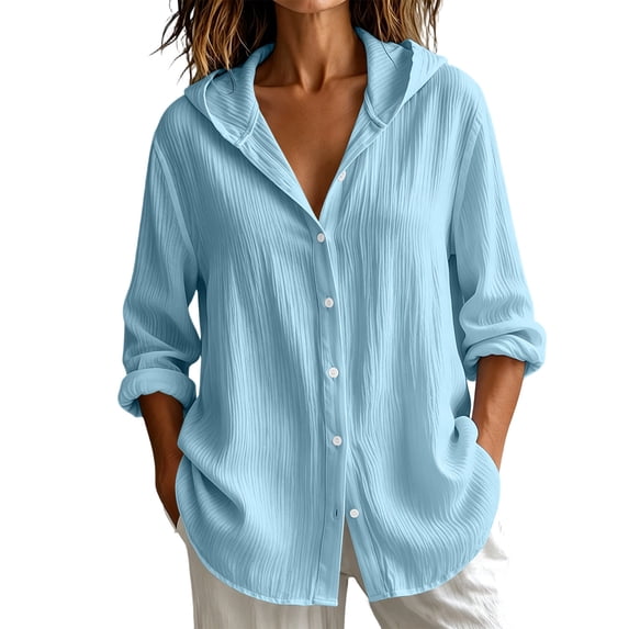 AKOEE Womens Button Down Hoodie Shirts Loose Fit Casual Wrinkled Lightweight Comfy Long Sleeve Blouses (M, Light Blue)