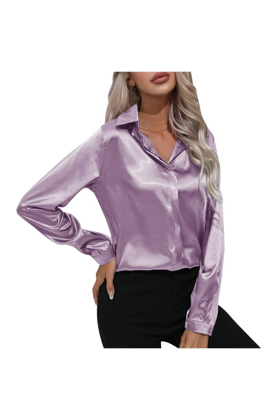 Womens Button Down Satin Shirt Office Work Dressy Casual Lapel Collared Shirts Long Sleeve Business Silk Tops (Medium, Purple)