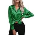 thumbnail image 1 of AKOEE Womens Button Down Satin Shirt Office Work Dressy Casual Lapel Collared Shirts Long Sleeve Business Silk Tops (XX-Large, Green 03), 1 of 5