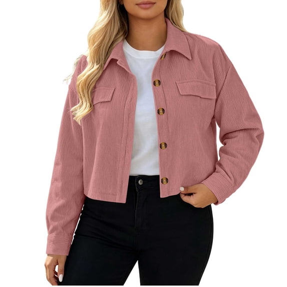AKOEE Womens Corduroy Cropped Jackets Solid Long Sleeve Lapel Collar Button Up Fall Casual Cardigan Outerwear (2XL, Pink)