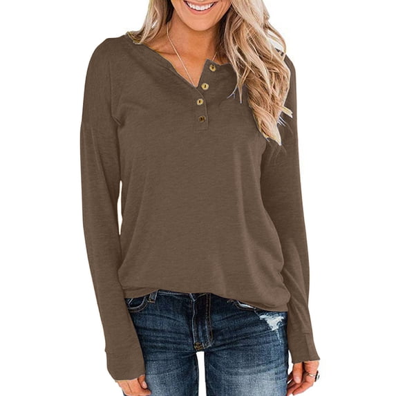 AKOEE Womens Cotton Tops Long Sleeve 1/4 Button Henley Neck Pullover T-shirts Loose Fit Fall Casual Plain Tshirts (S, Brown)