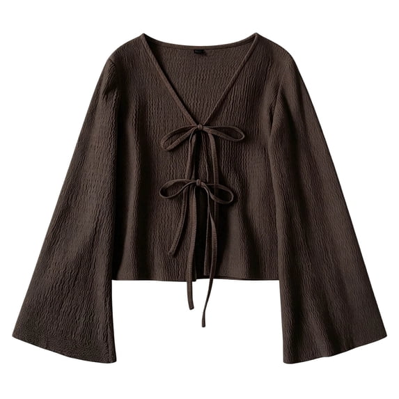 AKOEE Womens Crop Sweaters Open Tie Front Cardigans Soft Knit V Neck Long Sleeve Casual Spring Fall Blouses (L, Coffee)
