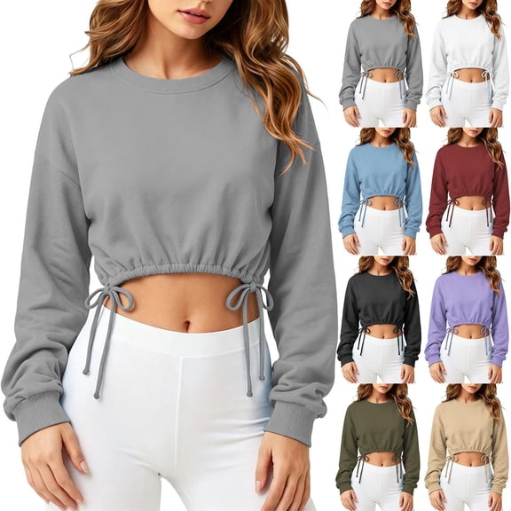 AKOEE Womens Cropped Sweatshirts Elastic Drawstring Tie Bottom Plain Crewneck Pullover Casual Loose Fall Tops (XL, Gray)