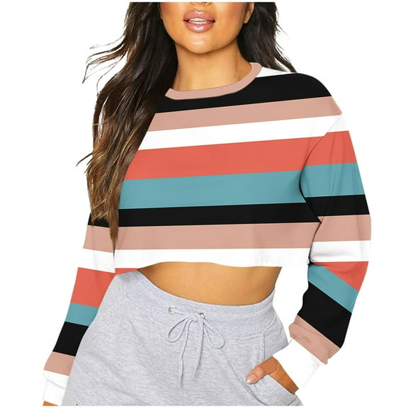 AKOEE Womens Cropped Sweatshirts Long Sleeve Floral/Striped Print Graphic Crewneck Pullover Loose Fall Tops (S, Black 03)