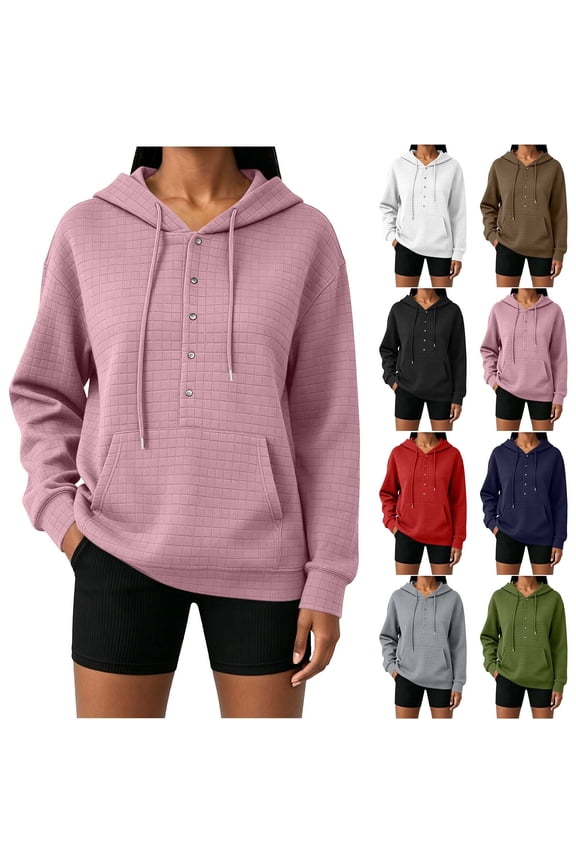 Womens Drawstring Hoodies with Pocket Waffle Textured Button Long Sleeve Pullover Loose Sweatshirts (XL, Pink)