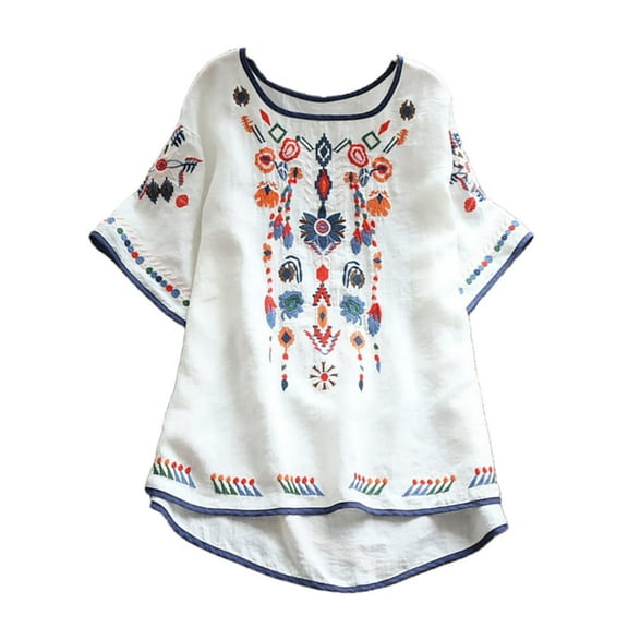 AKOEE Womens Linen Embroidered Tops Plus Size Short Sleeve Crew Neck Summer Fashion Loose T-shirt High Low Hem (Medium, White)