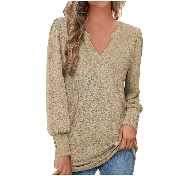 AKOEE Womens Long Sleeve Tops Soft Fleece V Neck Sweatshirts Pullover Button Decor Elegant Trendy Casual Sweater (S, Khaki)
