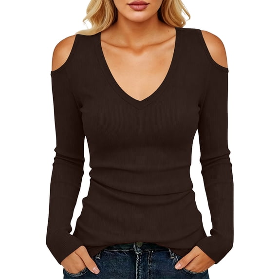 AKOEE Womens Long Sleeve Tops V Neck Cold Shoulder Soft Knit Base Sweater Slim Fit Trendy Going Out Clothes (XL, Brown)