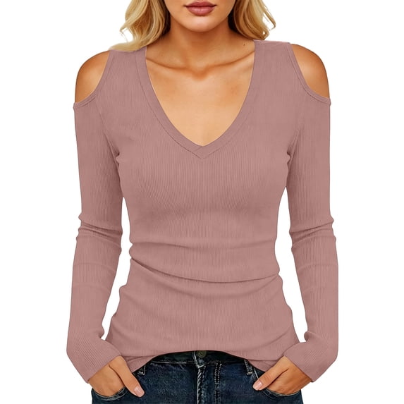 AKOEE Womens Long Sleeve Tops V Neck Cold Shoulder Soft Knit Base Sweater Slim Fit Trendy Going Out Clothes (XL, Pink)