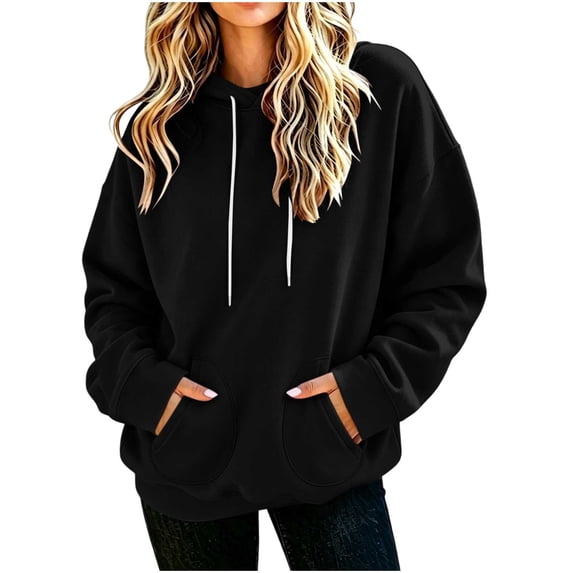 AKOEE Womens Oversized Hoodie with Pockets Plain Hooded Sweatshirts Casual Drawstring Long Sleeve Pullovers (L, Black)