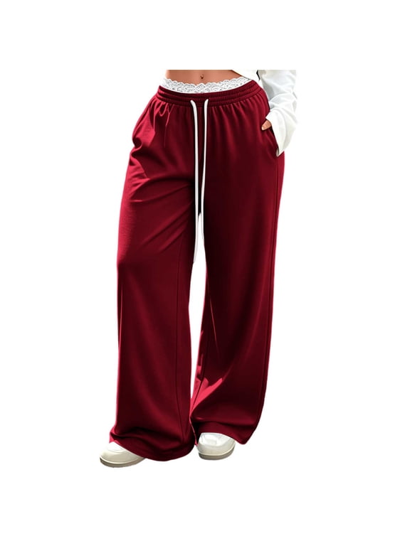 Womens Pants Lace Patchwork Elastic Tie Waist Trendy Casual Fall Comfy Wide Leg Sweatpants with Pockets (XL, Red)