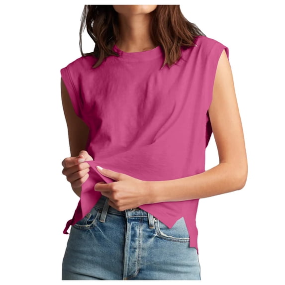 AKOEE Womens Sleeveless Cotton Tank Tops 2024 Summer Tanks Tshirts Crewneck Solid Basic Tees with Side Splits (Large, Hot Pink)