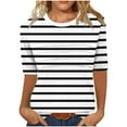thumbnail image 1 of AKOEE Womens Striped T-Shirts Half Sleeve Crew Neck Base Tees Pleated Front Trendy Tops Summer Tshirts (S, White), 1 of 7