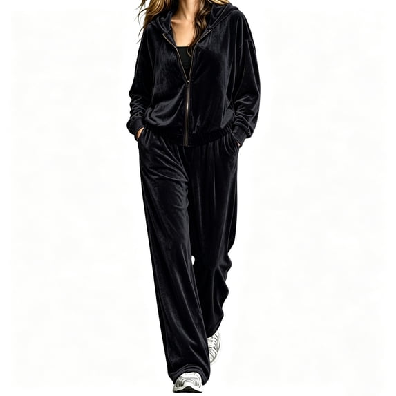 AKOEE Womens Velvet Tracksuits Full-Zip Hoodie Jacket & Wide Leg Pants Set Plus Size Sports Casual Fall Clothes (5XL, Black)