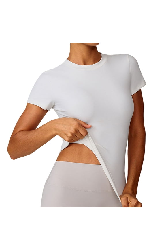 Workout Tops for Women Slim Fit Short Sleeve Yoga T-shirts High Crew Neck Athletic Running Gym Tees (L, White)