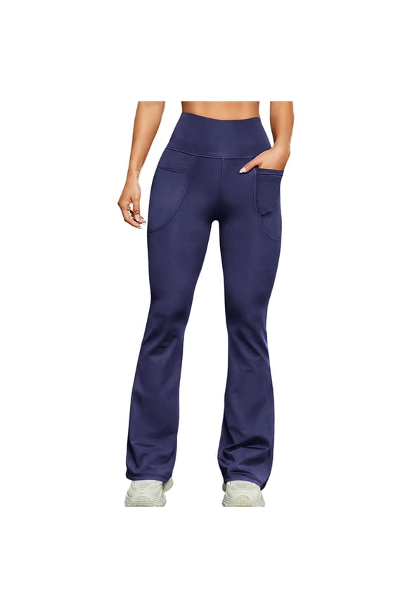 Yoga Leggings Women Buttery Soft Flared Workout Pants with Pockets Spandex Stretch High Waisted Activewear (L, Navy)