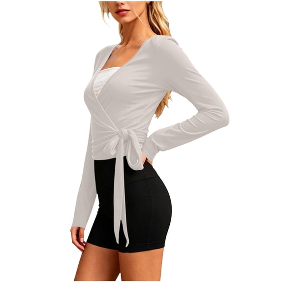 AKOEE Yoga Tops for Women Long Sleeve Wrap Tie Workout Tee Shirts Casual Soft Slim Fitted Pilates Gym Clothes (M, White)